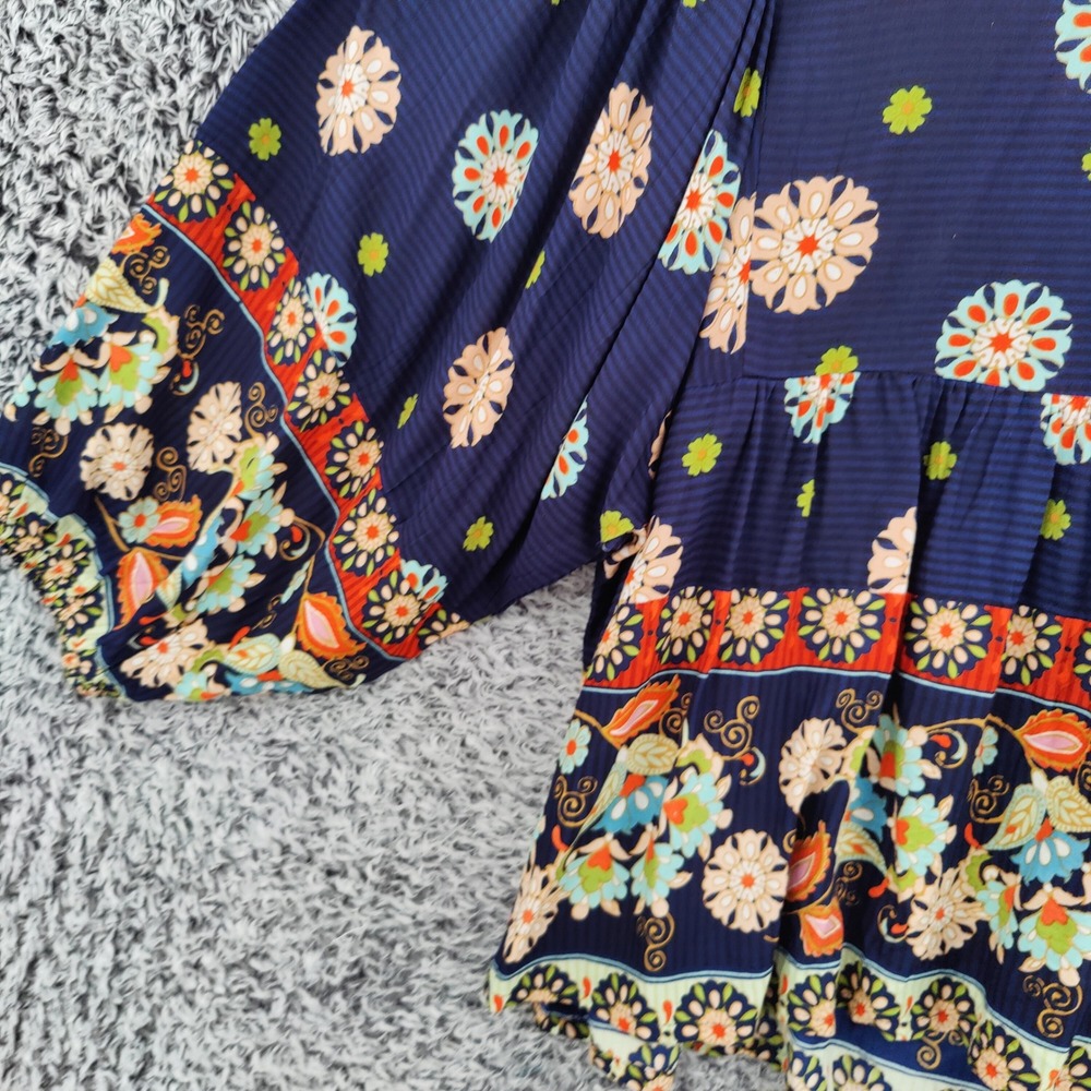 Orientique Womens Boho Floral Pintuck Peasant Blouse Large Navy Blue Wide Sleeve - Picture 14 of 16